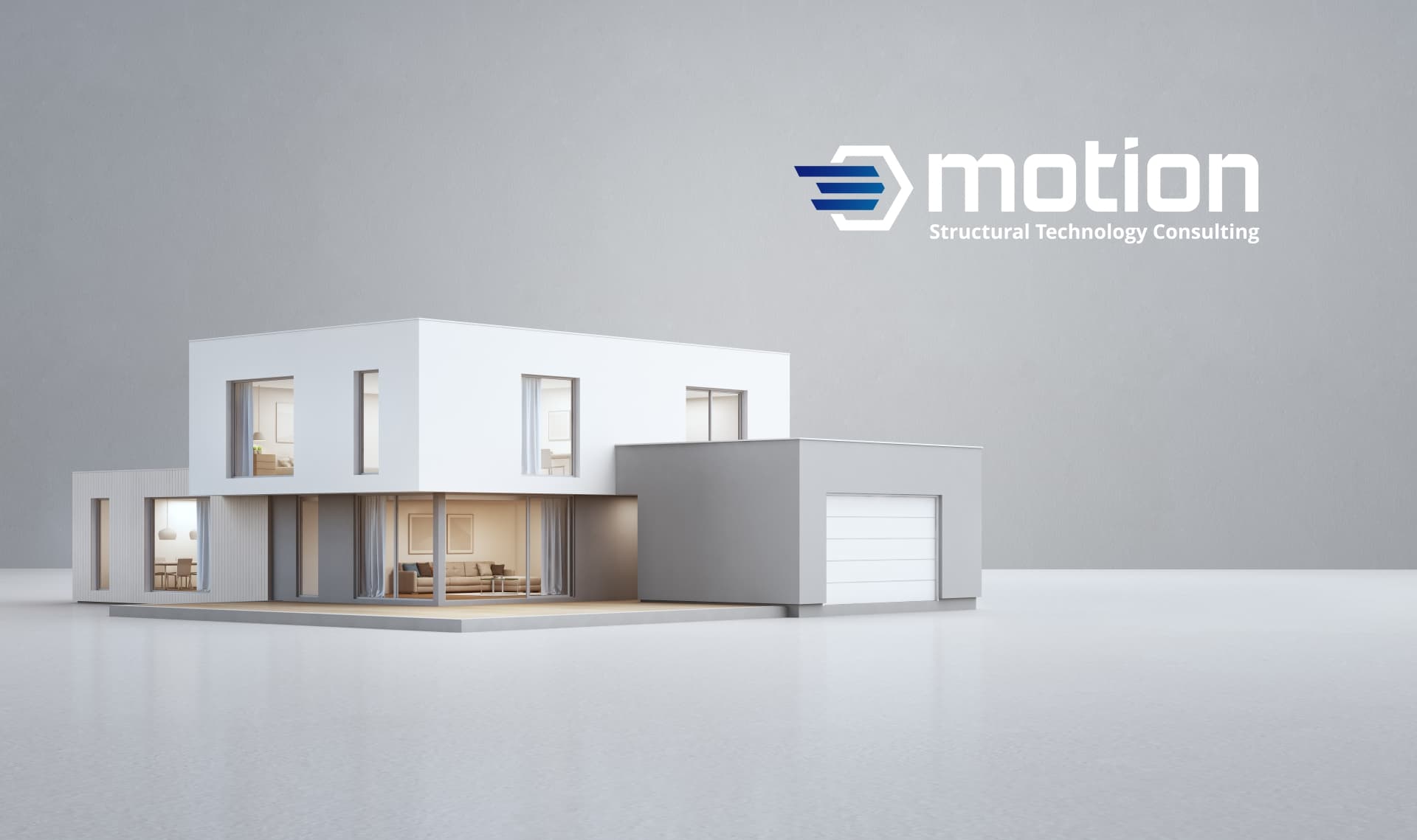 STC Motion logo showcasing a conceptual building design against a simple white and grey backdrop.