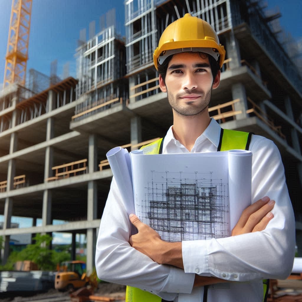 A man wearing a hard hat holds a blueprint, representing his work in the field of structural engineering.